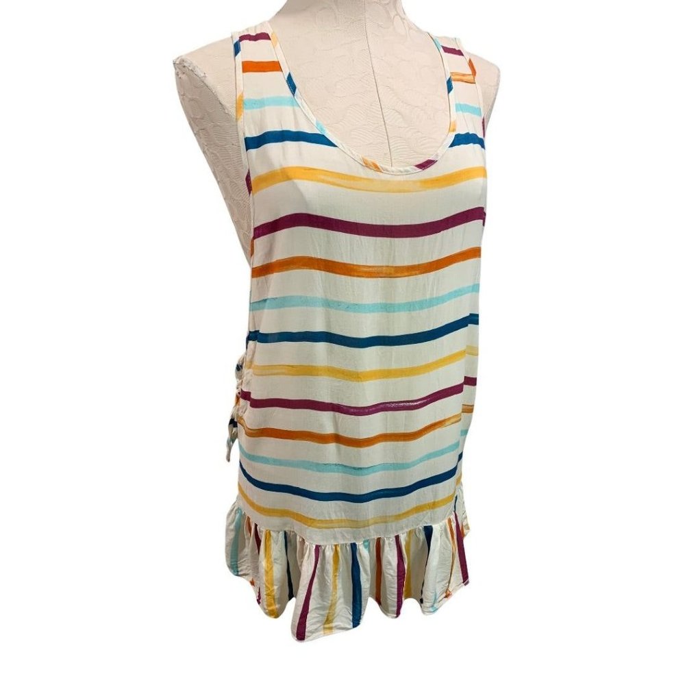 XS Chelsea28 Women's Multicolor Stripe Sleeveless Top‎ Ruffle Hem